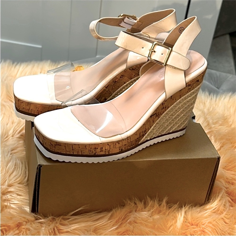 Womens Cream Cork Espadrille Wedge Sandals with Ankle Strap